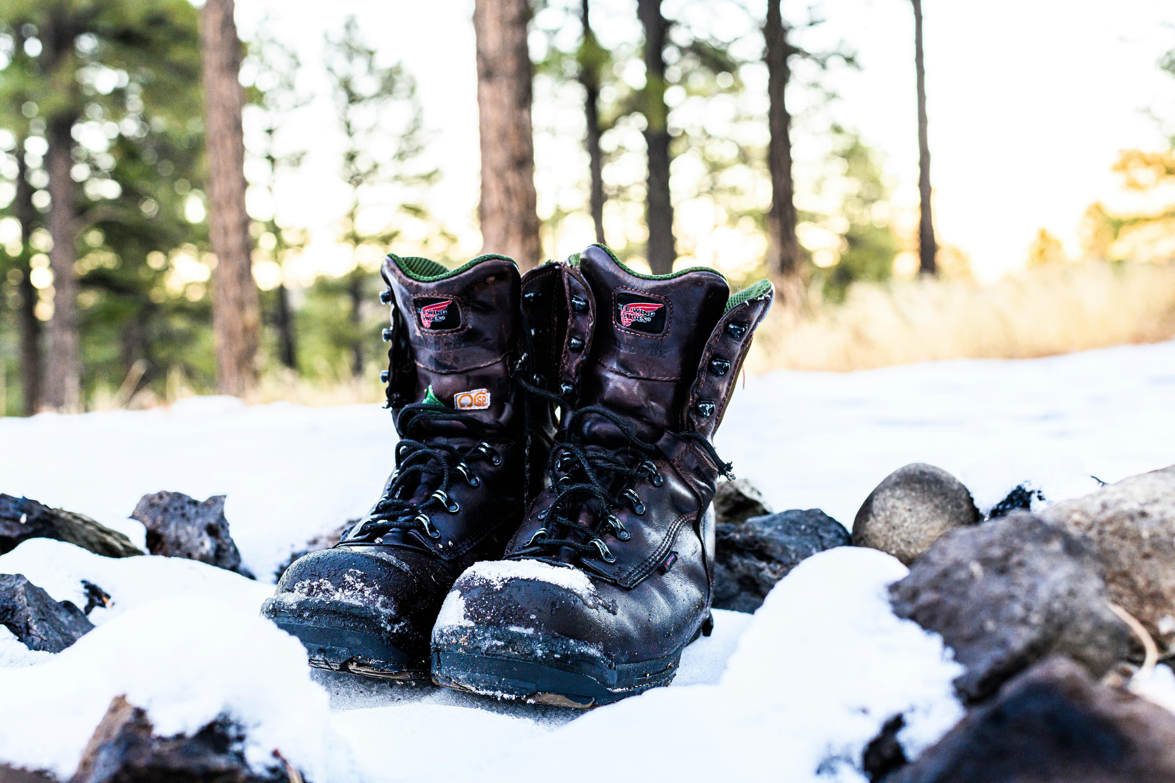 A pair of Red Wing boots pictured in the snow
